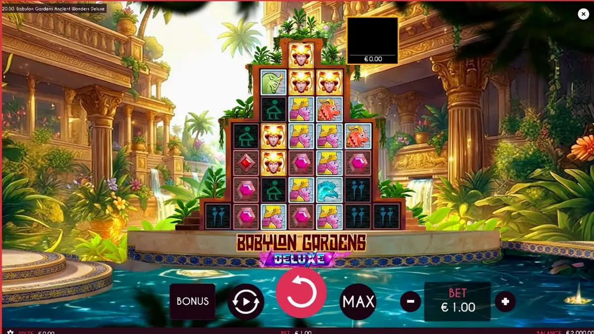 Pemandangan artistik dari slot Babylon Gardens Ancient Wonders Deluxe dengan latar belakang taman gantung kuno.